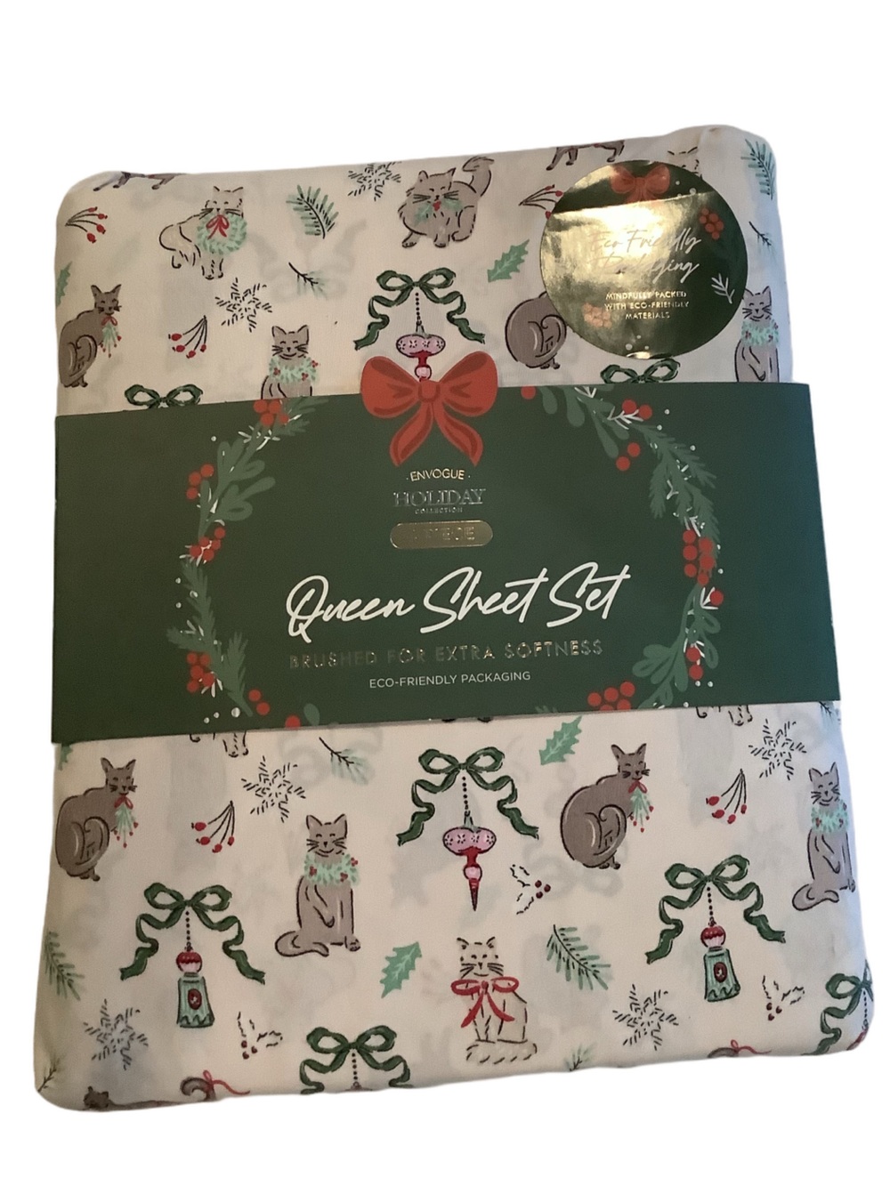 Envogue Christmas Cats & Vintage Bows 4 Pc. Queen Sheet Set New